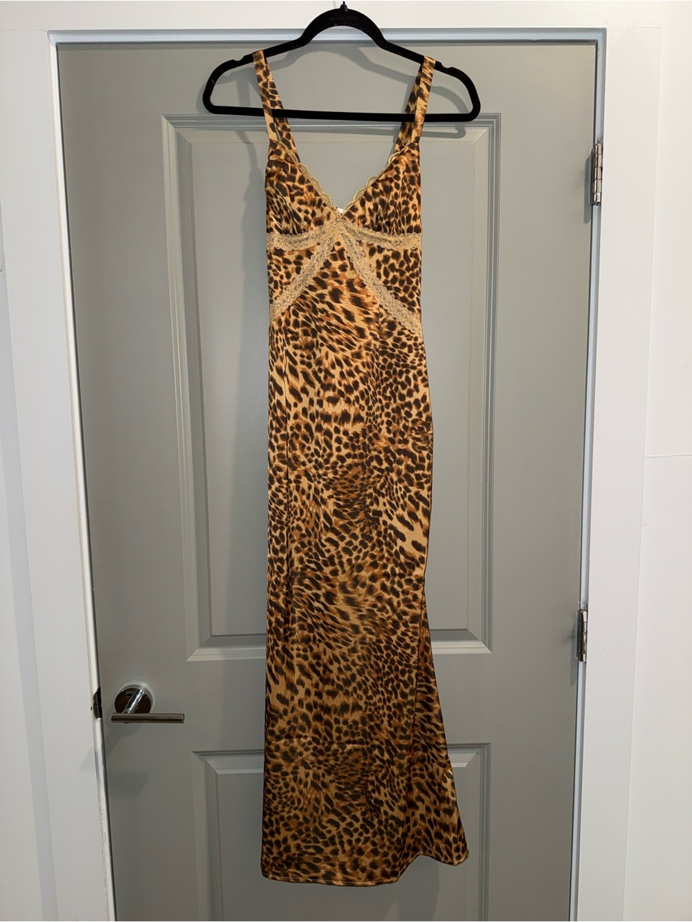 Princess Polly Leopard Print Maxi Slip Dress with Lace Trim - Brown & Tan